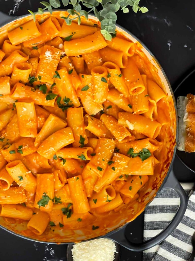 Pasta alla vodka in a skillet.