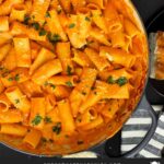 Pasta alla vodka in a dark bowl.