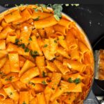 Pasta alla vodka in a dark bowl.