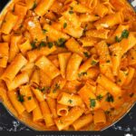 Pasta alla vodka in a dark bowl.