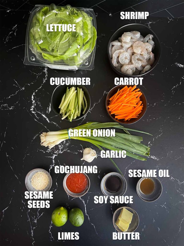 Ingredients needed for gochujang shrimp lettuce wraps.