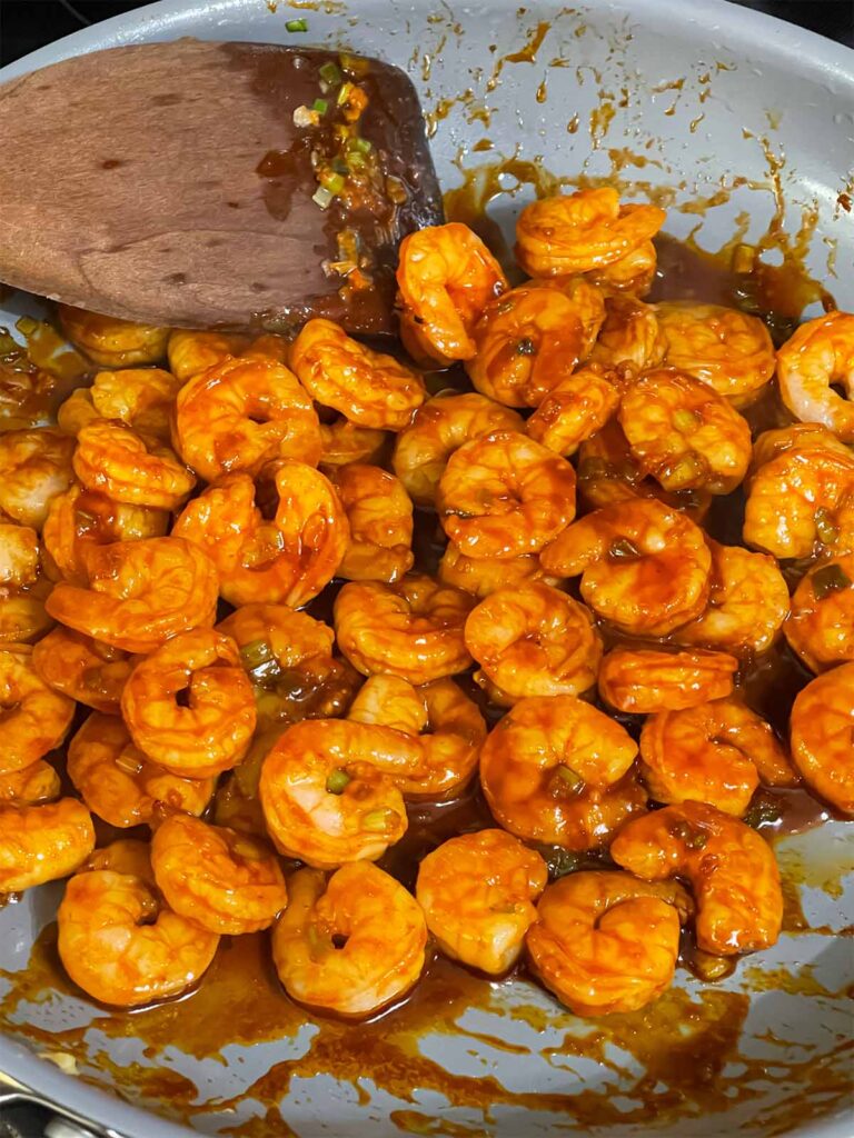 Gochujang shrimp in a skillet.