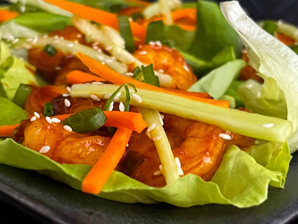 Gochujang shrimp lettuce wraps.