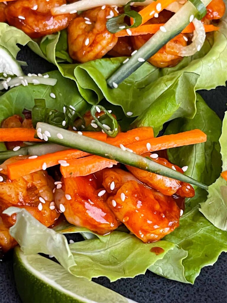 Gochujang shrimp lettuce wraps.