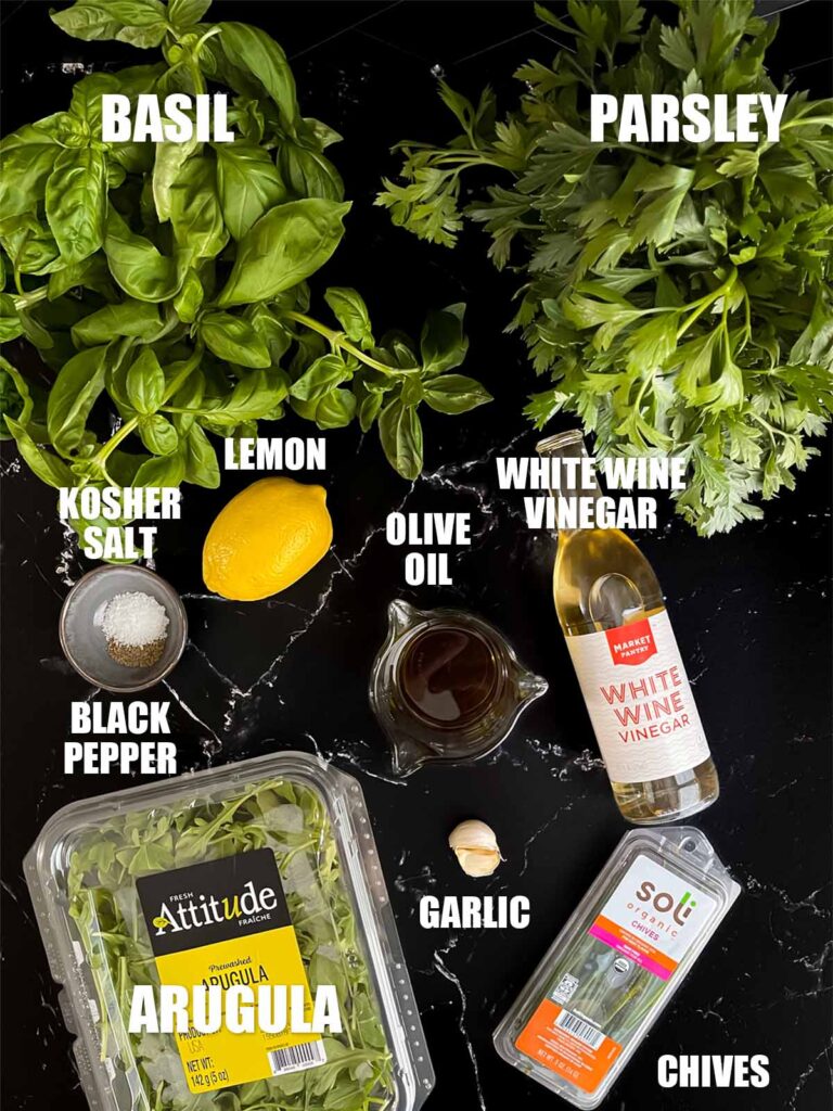 Herb vinaigrette recipe ingredients for the Mediterranean pasta salad.