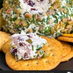 Olive cheese ball on a dark plate surrounded by different shaped crackers.