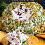 Olive cheese ball on a dark plate surrounded by different shaped crackers.