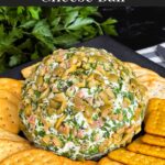 Olive cheese ball on a dark plate surrounded by different shaped crackers.