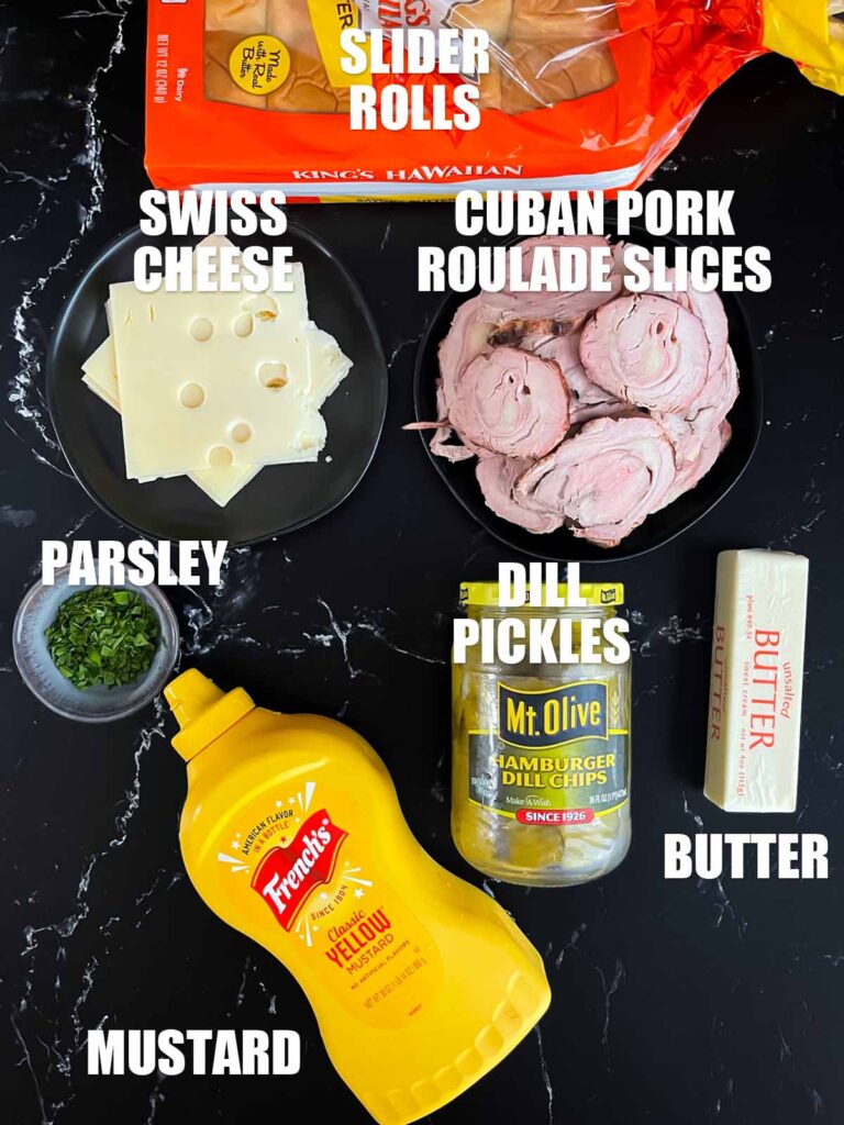 Ingredients needed to make a roll cut pork tenderloin cuban slider.