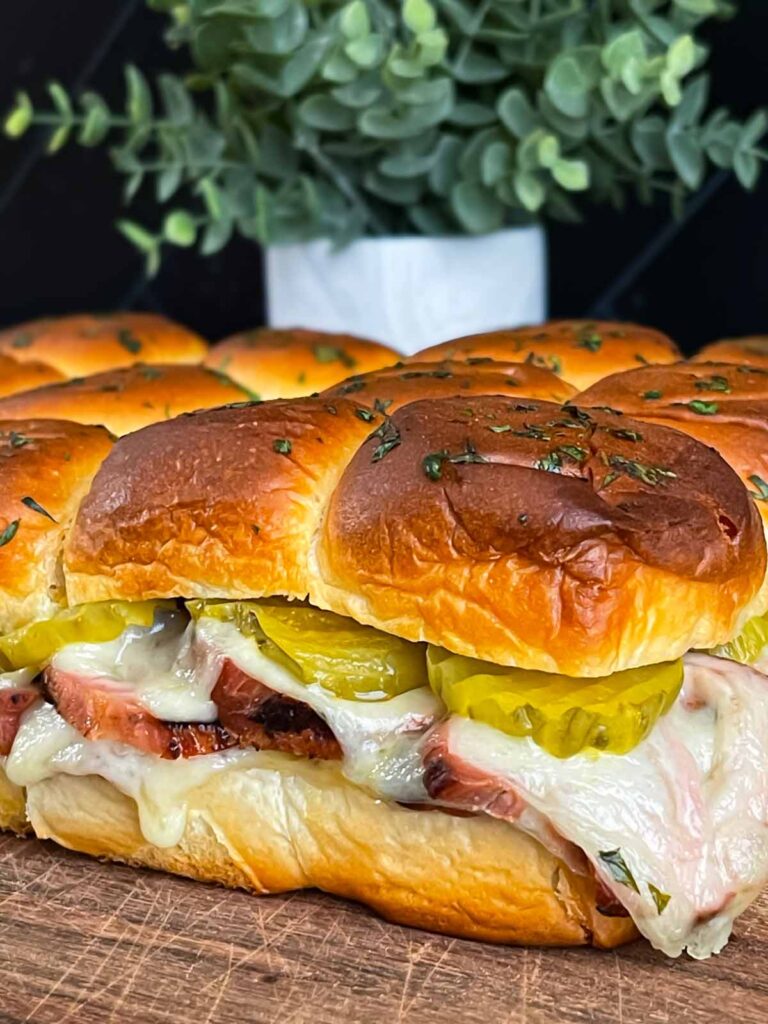 Roll-cut pork tenderloin Cuban sliders.