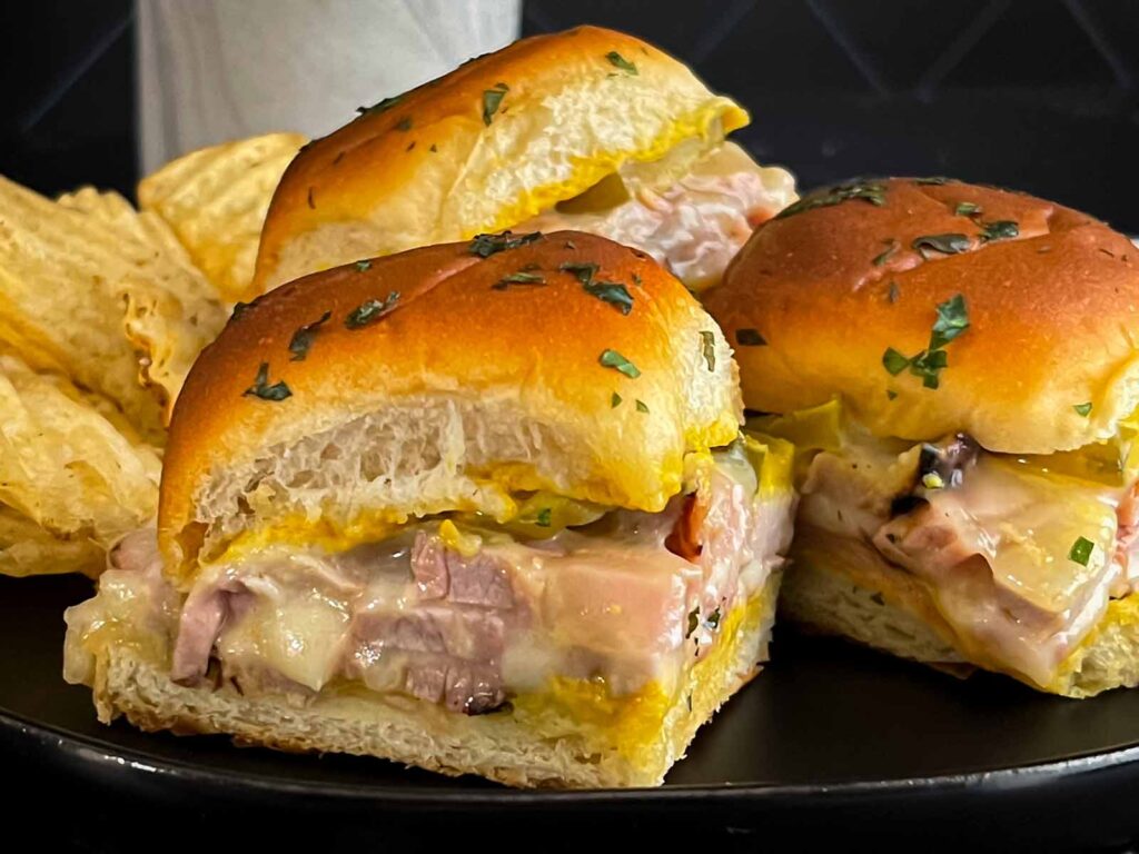 Roll-cut pork tenderloin Cuban sliders.