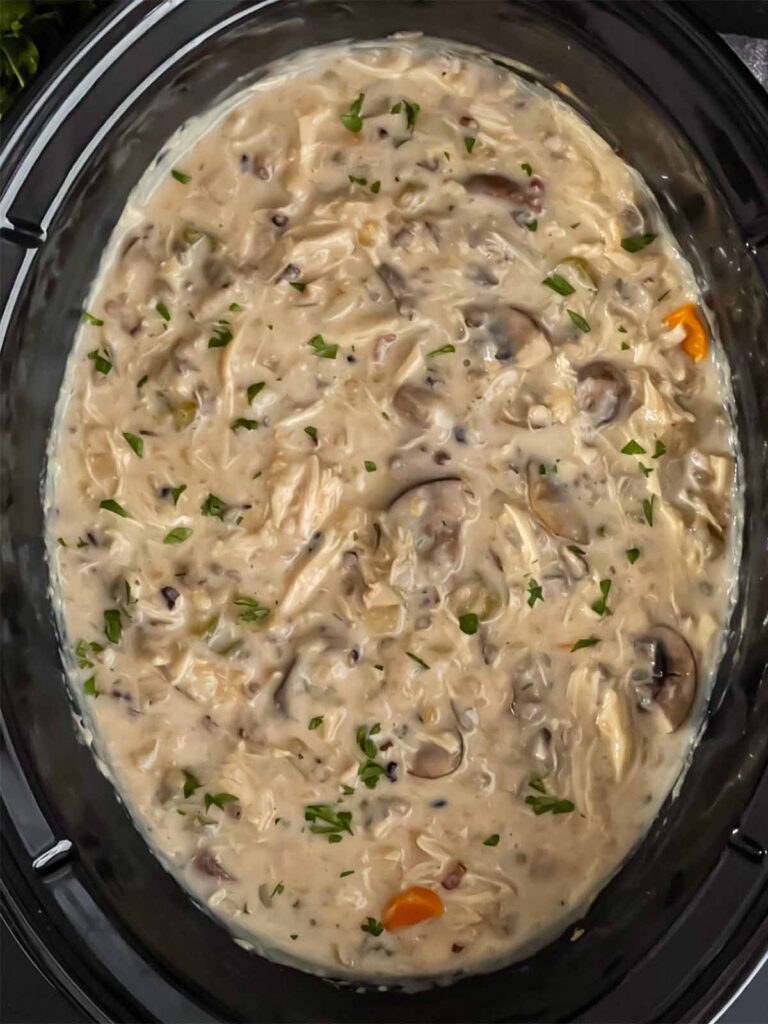 Chicken and wild rice soup in the crock of a slow cooker.