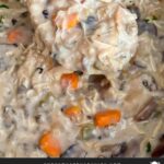 Slow cooker chicken and wild rice soup in a ladle above the crock.