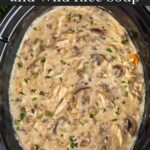 Slow cooker chicken and wild rice soup in the crock.