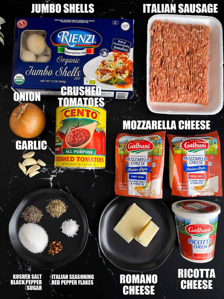 Ingredients needed to make Italian Sausage stuffed shells.