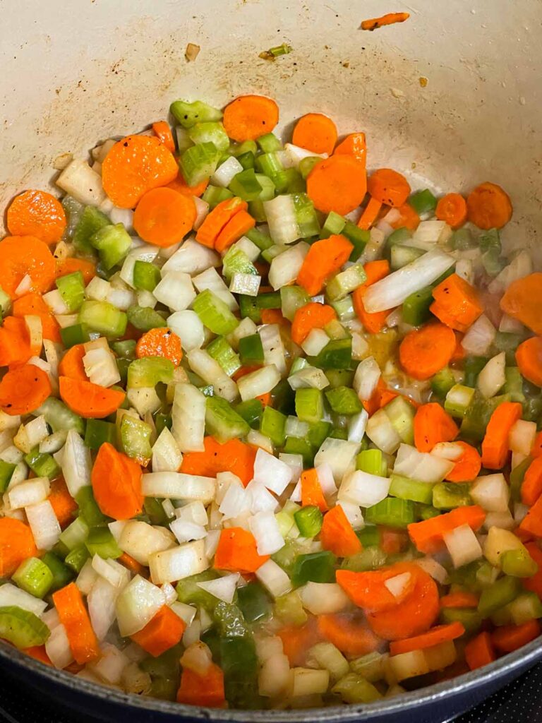 Sweating vegetables in a dutch oven.