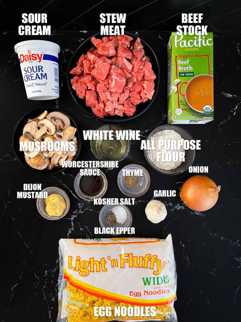 Ingredients needed to make slow cooker beef stroganoff.