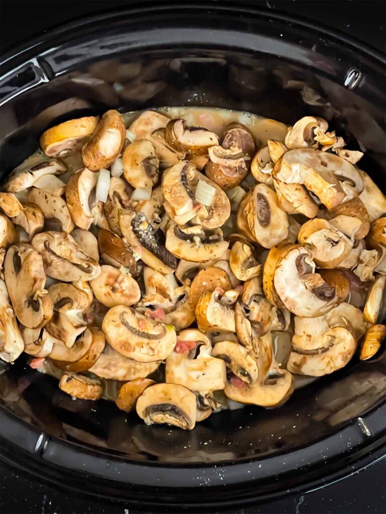 Slow cooker beef stroganoff, uncooked, in a slow cooker.