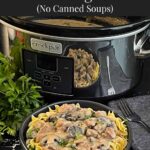 Slow Cooker Beef Stroganoff in a black bowl, garnished with chopped parsley.