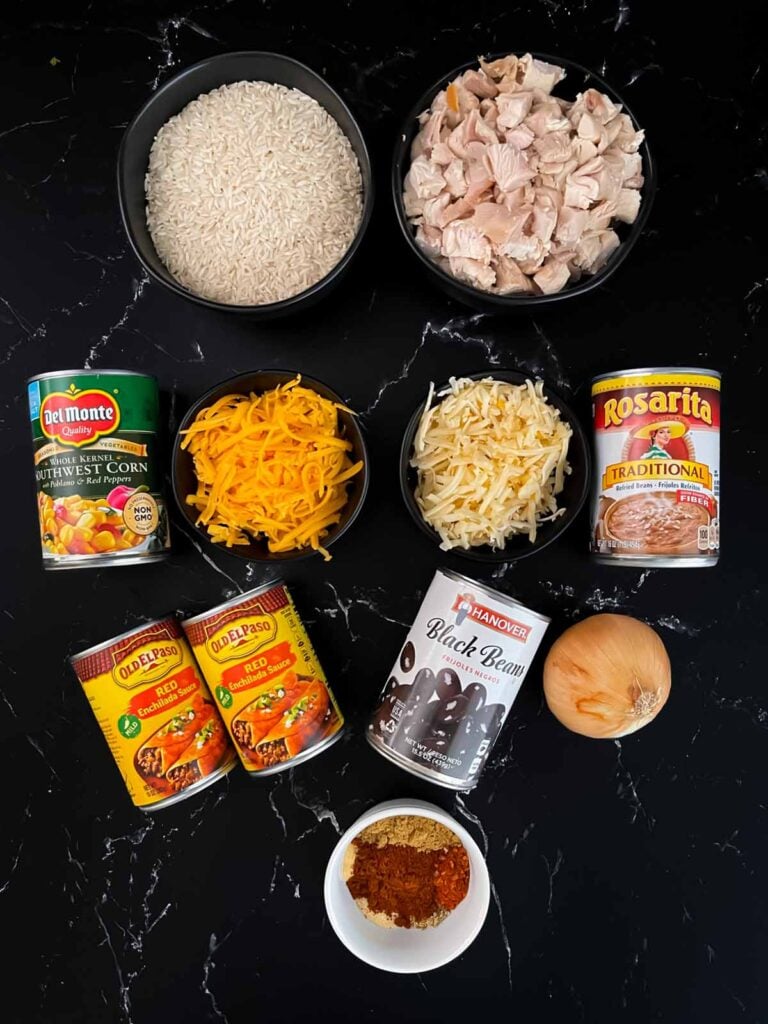 Ingredients needed to make Chicken enchilada rice casserole.