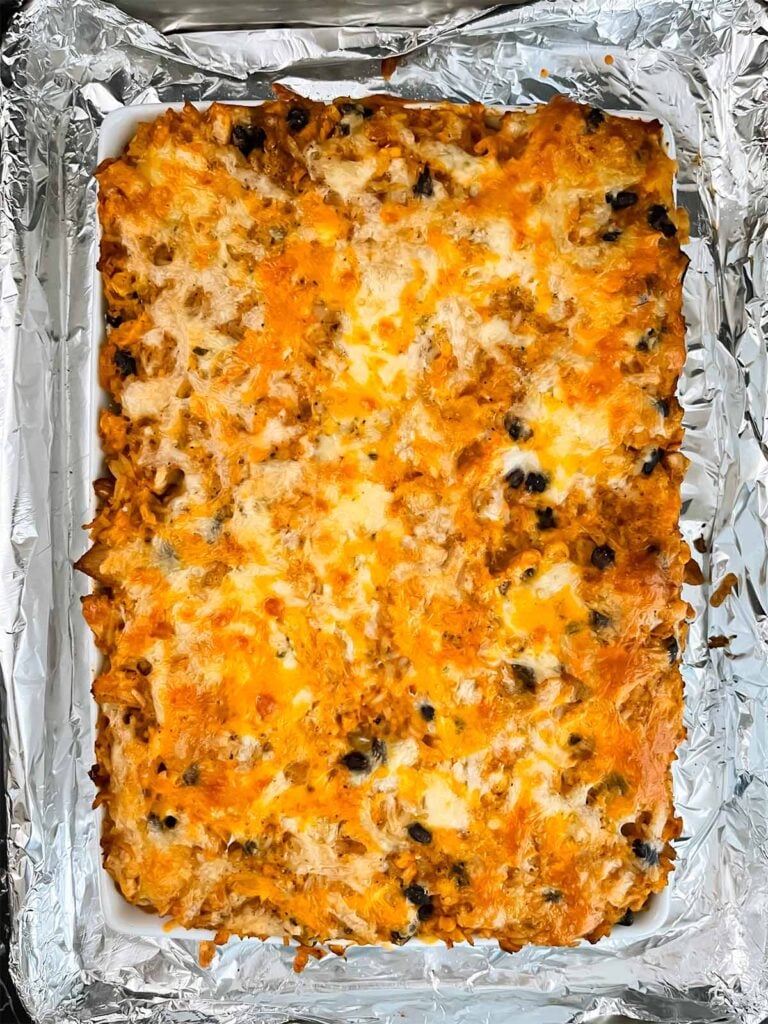 Baked chicken enchilada rice casserole right out of the oven.